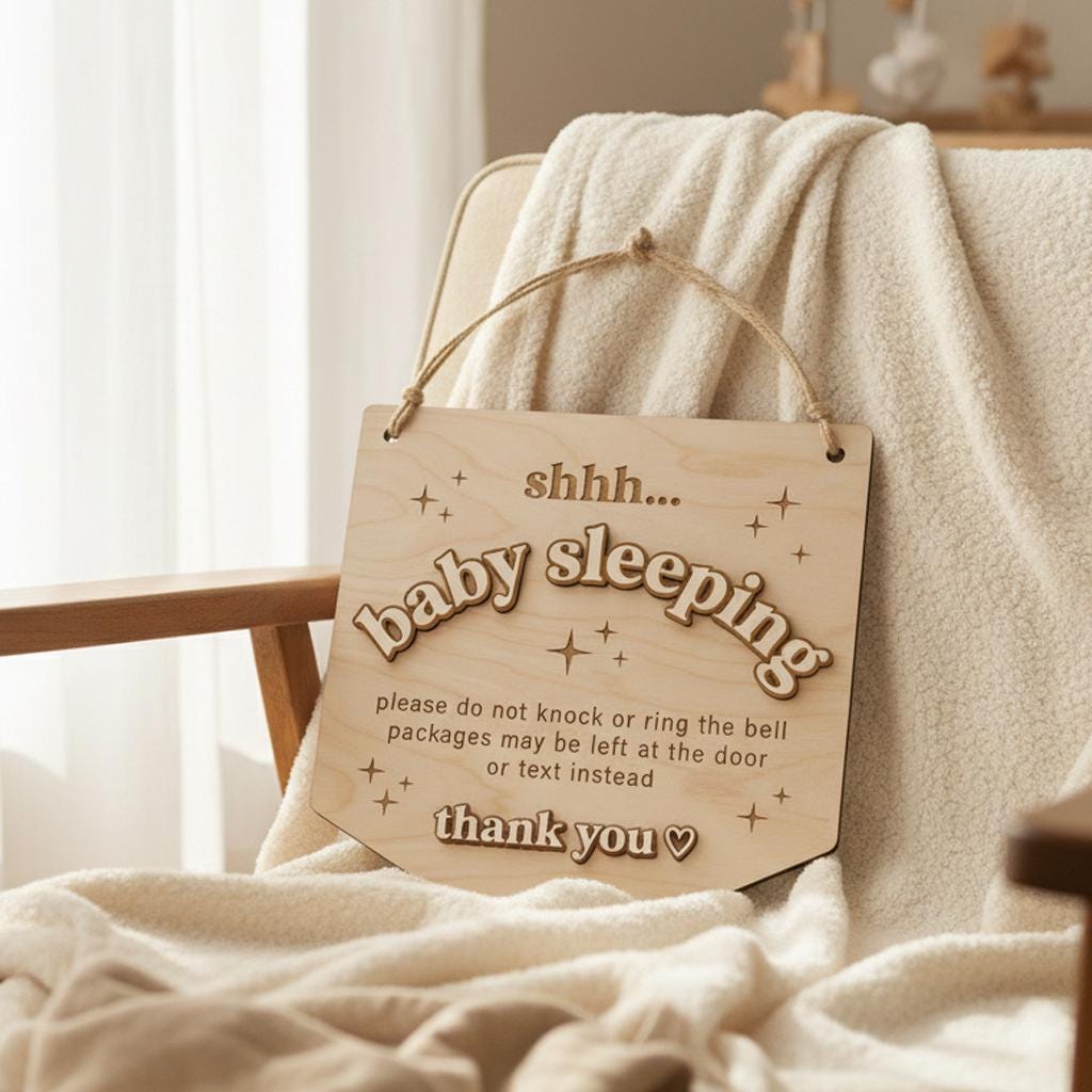 Baby Is Sleeping Delivery Sign | Shield Shape Wooden Door Hanger | 3D Wood Name Do Not Disturb | Front Porch Package Plaque