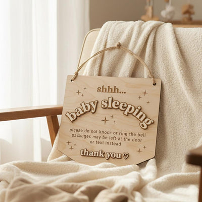 Baby Is Sleeping Delivery Sign | Shield Shape Wooden Door Hanger | 3D Wood Name Do Not Disturb | Front Porch Package Plaque
