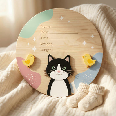 Tuxedo Cat Birth Stats Sign | Baby Chick 3D Wooden Newborn Plaque | Custom Kitten Baby Announcement | Neutral Nursery Decor