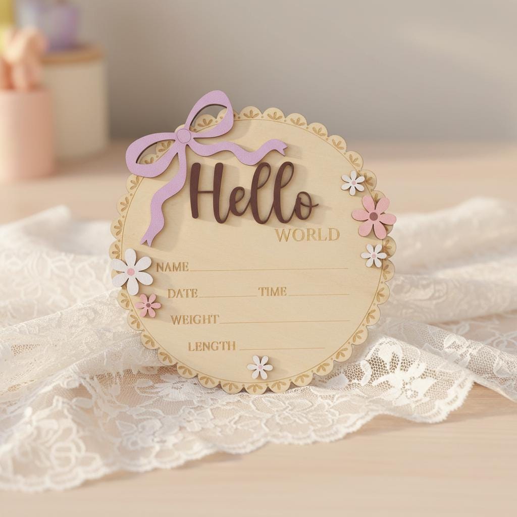 Baby Girl Hello World Birth Keepsake Sign Wooden Floral Nursery Decor