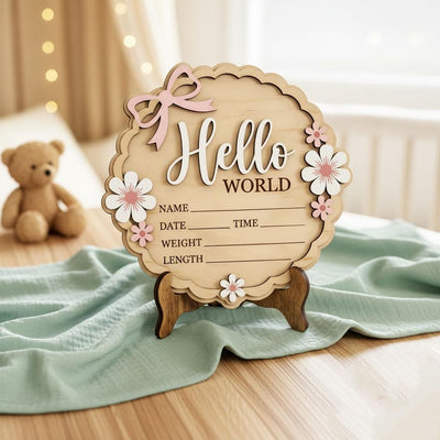 Coquette Pink Bow Birth Sign | 3D Daisy Scalloped Plaque | Acrylic Hello World Announcement | Shabby Chic Girl Nursery Prop