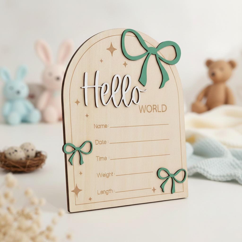 Hello World Wooden Baby Birth Announcement Sign with Name and Stats