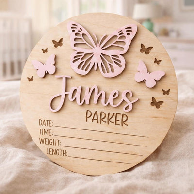 Baby Announcement Sign Set Personalized Wooden Baby Name Sign Butterfly Nursery Decor Birth Stats Sign Newborn Gift Set