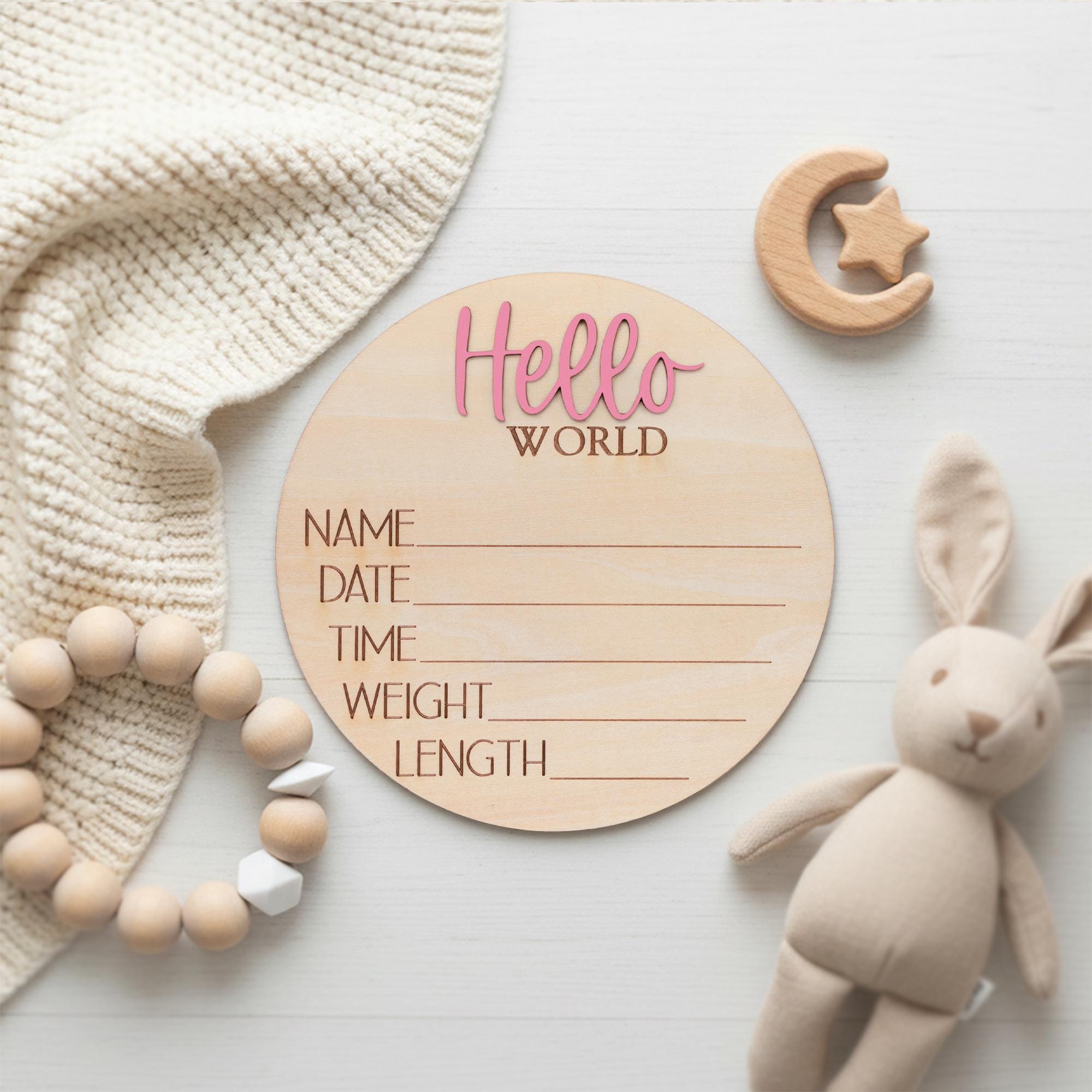Hello World Baby Birth Stats Sign Personalized Wooden Newborn Announcement