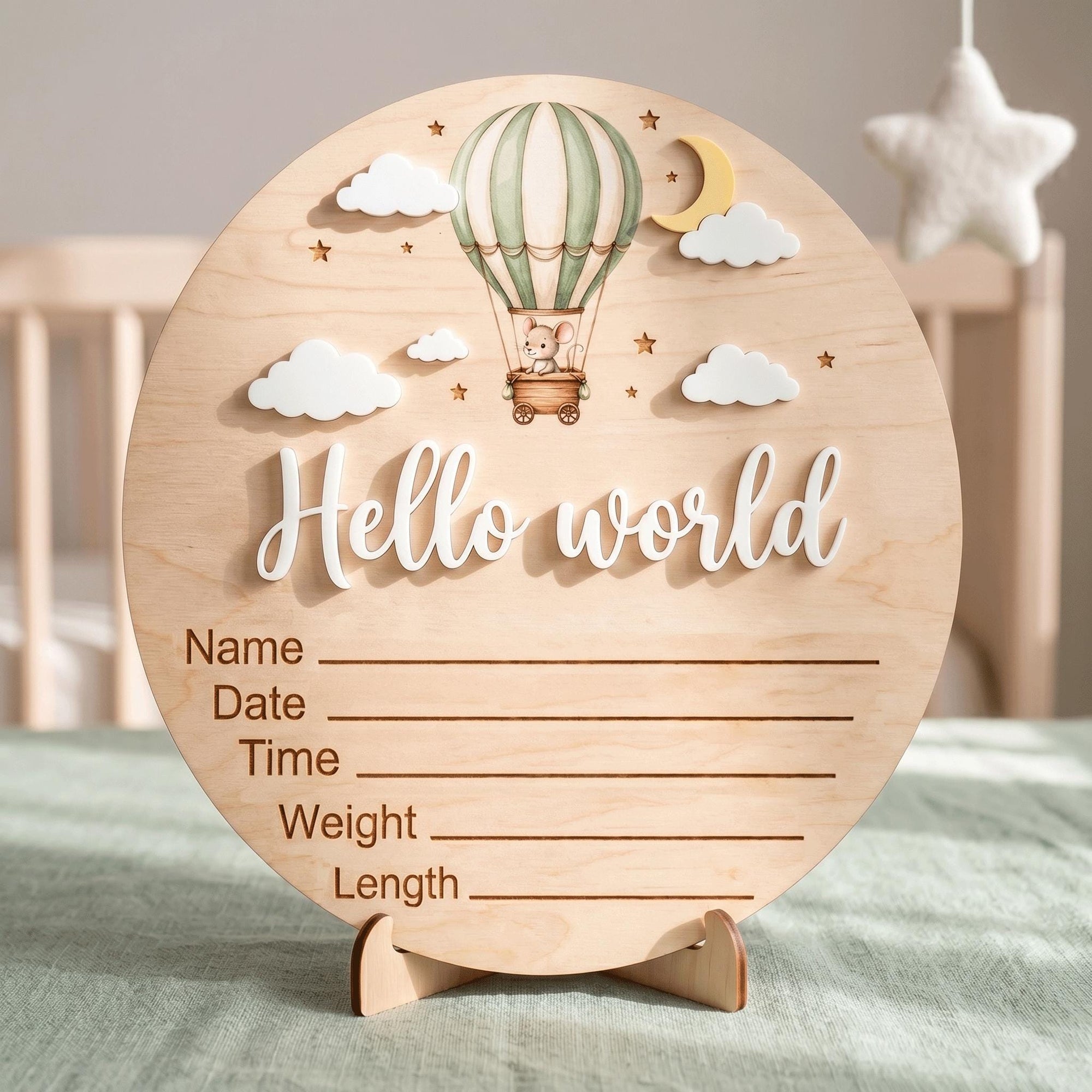 Hot Air Balloon Birth Stats Sign | 3D Mouse Wooden Baby Plaque | Acrylic Hello World Announcement | Neutral Adventure Prop
