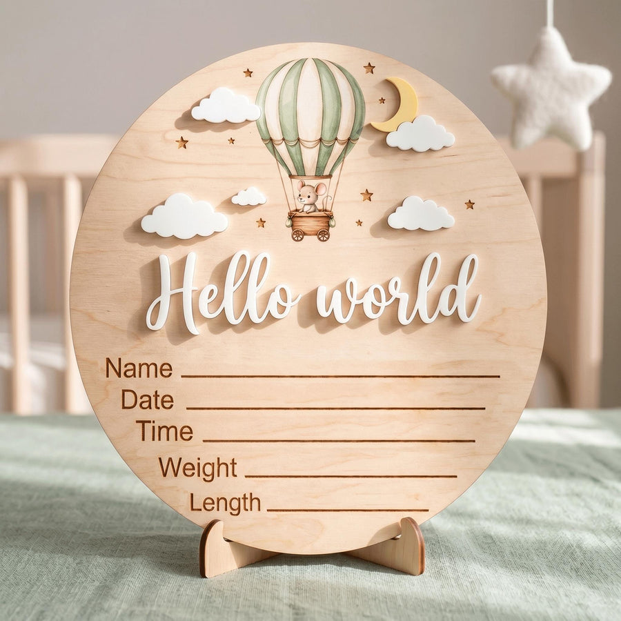Hot Air Balloon Birth Stats Sign | 3D Mouse Wooden Baby Plaque | Acrylic Hello World Announcement | Neutral Adventure Prop
