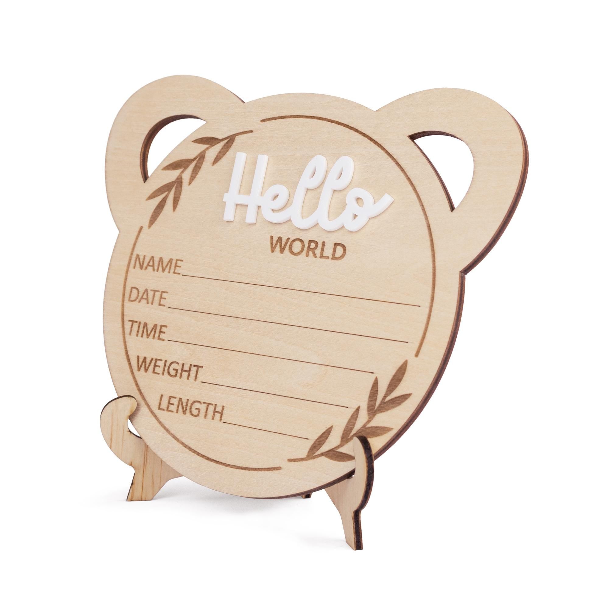 Bear Baby Announcement Sign, Hello World Baby Sign, Newborn Birth Stats Sign, Baby Shower Gift, Baby Photo Prop, Baby Boy Birth Stats Sign