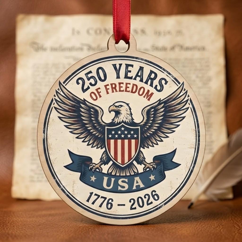 USA 250th Wood Ornament, Freedom For 250 Years, Rustic Eagle Emblem 1776-2026, Semiquincentennial Keepsake, Patriotic Gift