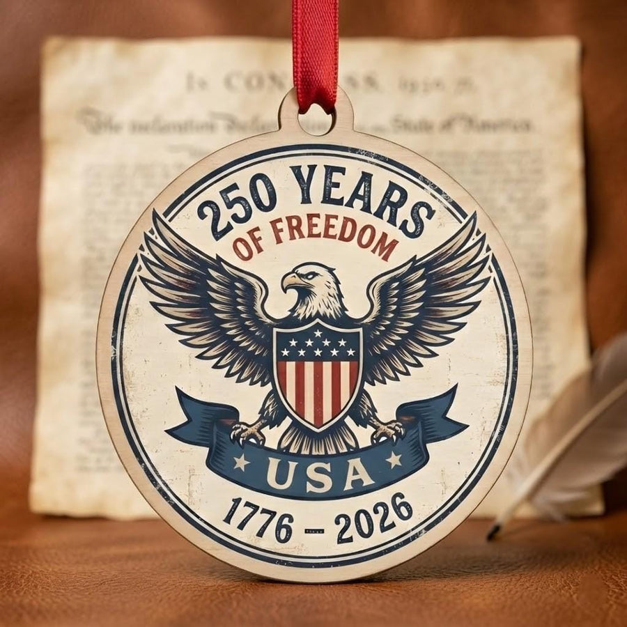 USA 250th Wood Ornament, Freedom For 250 Years, Rustic Eagle Emblem 1776-2026, Semiquincentennial Keepsake, Patriotic Gift