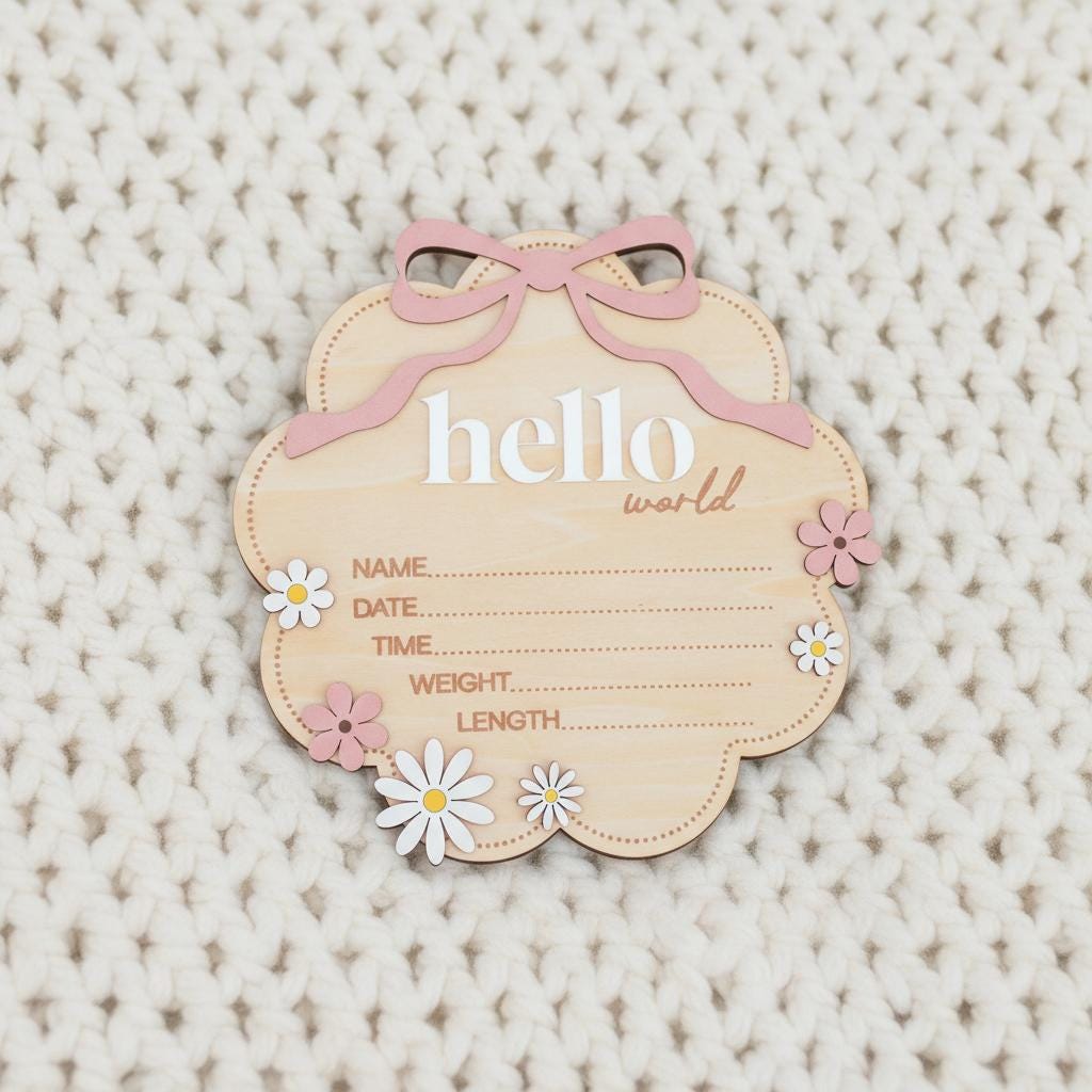 Floral Hello World Baby Birth Sign Wooden Newborn Photo Keepsake