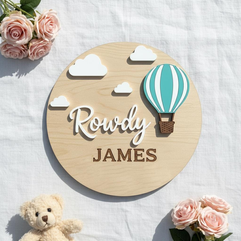 Personalized Hot Air Balloon Baby Name Sign Wooden Nursery Decor