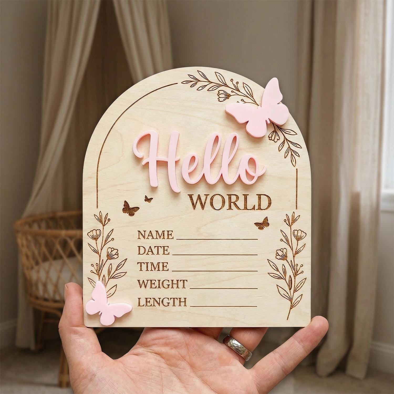 Pink Butterfly Birth Stats Sign | 3D Acrylic Wooden Newborn Plaque | Custom Baby Girl Announcement | Floral Arch Nursery Prop