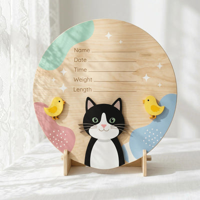 Tuxedo Cat Birth Stats Sign | Baby Chick 3D Wooden Newborn Plaque | Custom Kitten Baby Announcement | Neutral Nursery Decor
