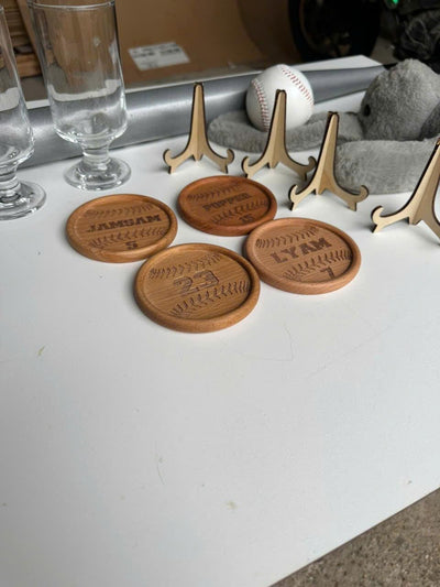 Personalized Baseball Wooden Coasters: Custom Name & Number