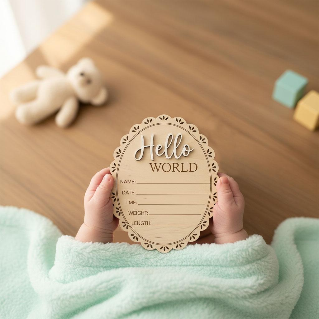 Scalloped Edge Birth Stats Sign | Oval Wooden Baby Plaque | 3D Acrylic Hello World Announcement | Vintage Girl Nursery Prop