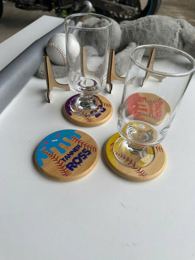 Personalized Baseball Bamboo Coaster: UV-Printed Drip Design