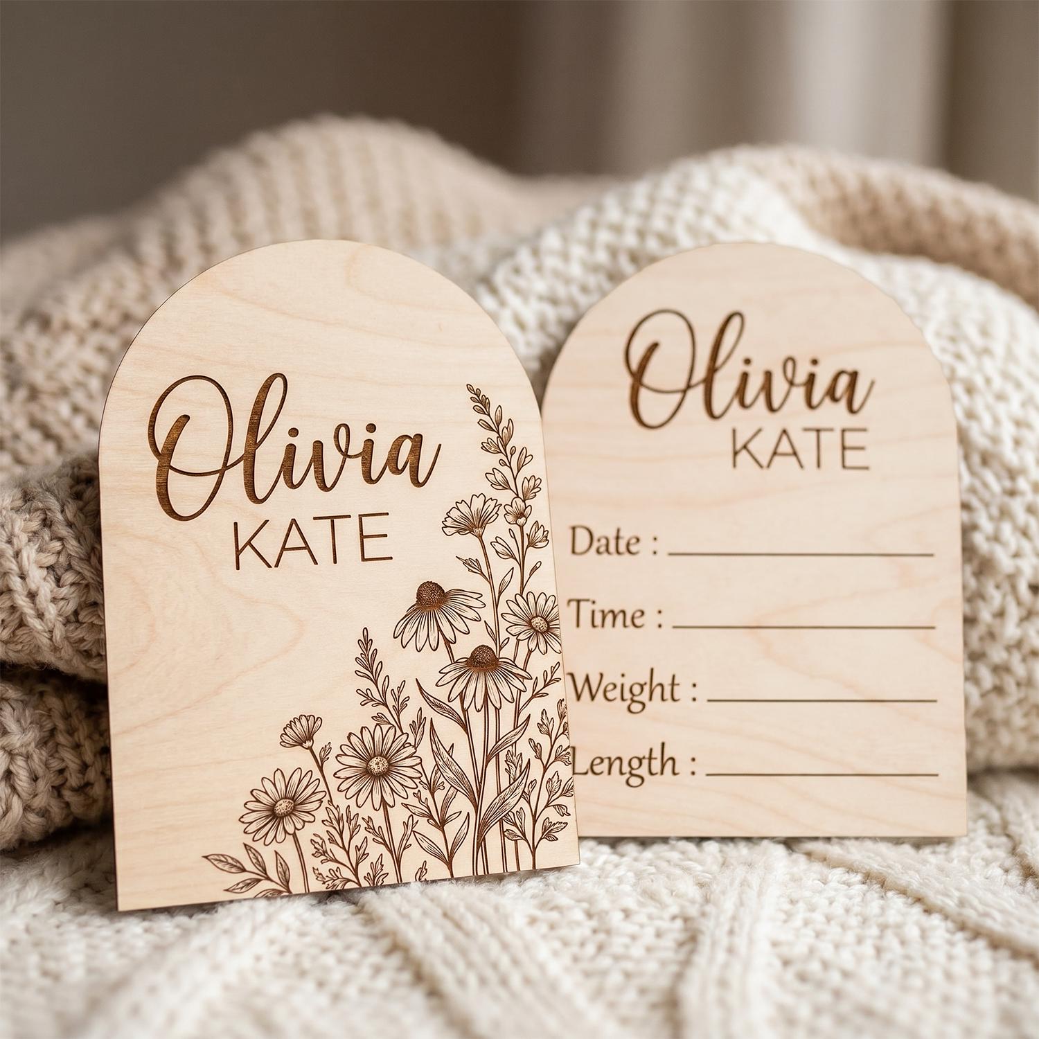 Wildflower Arch Wooden Sign | Full Set Birth Stats Plaque | 2 Piece Baby Name Announcement | Custom Floral Nursery Decor