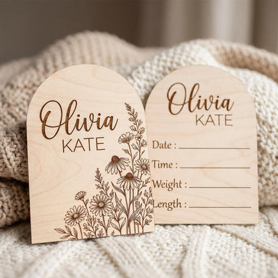 Wildflower Arch Wooden Sign | Full Set Birth Stats Plaque | 2 Piece Baby Name Announcement | Custom Floral Nursery Decor