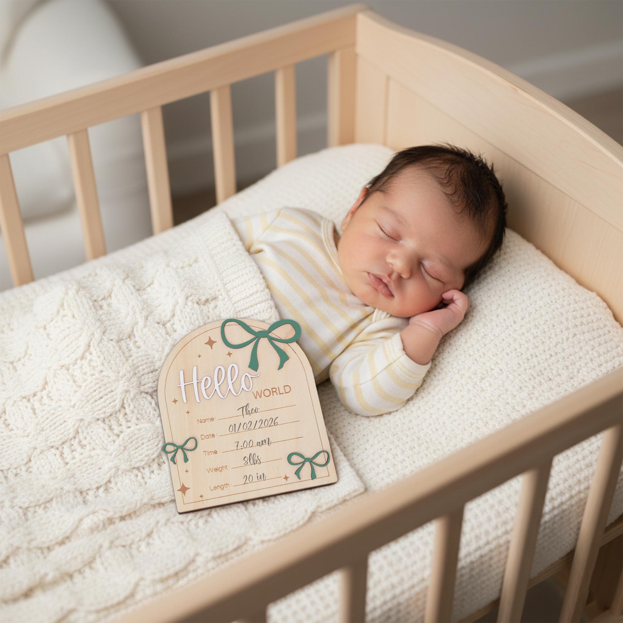Hello World Wooden Baby Birth Announcement Sign with Name and Stats