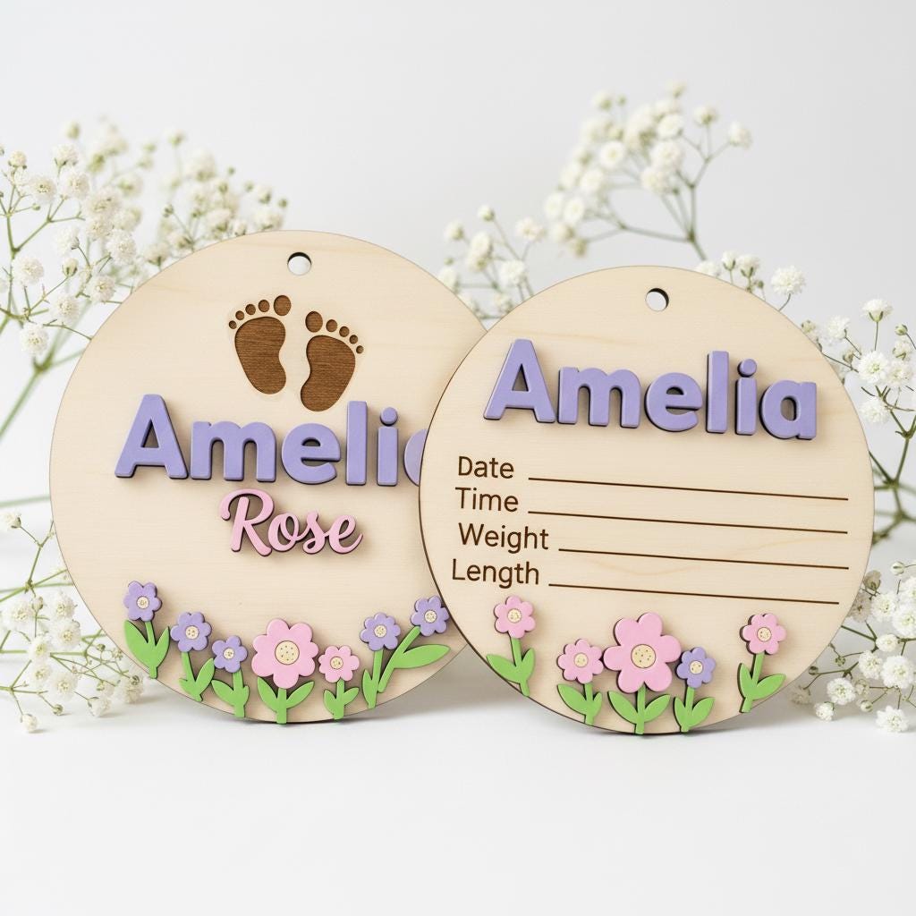 Baby Birth Stats Sign Set, Personalized Baby Name Announcement Sign, Wooden Newborn Photo Prop Nursery Decor