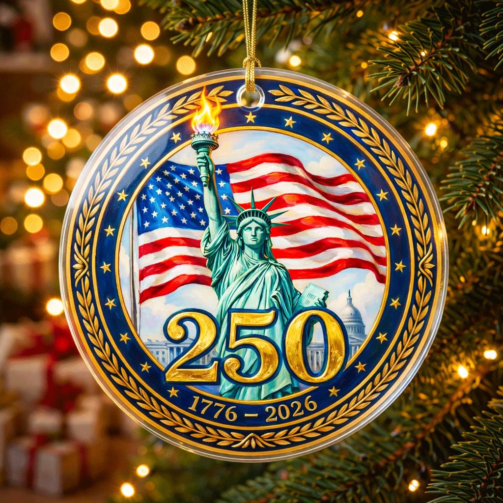 Lady Liberty 250th Ornament, Semiquincentennial Gold Laurel Gift, 1776-2026 USA Milestone Decor, America 250th Anniversary