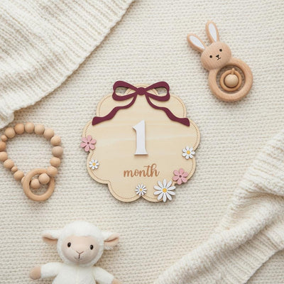 Wooden Baby Milestone Numbers Sign 1–12 Months Floral Design