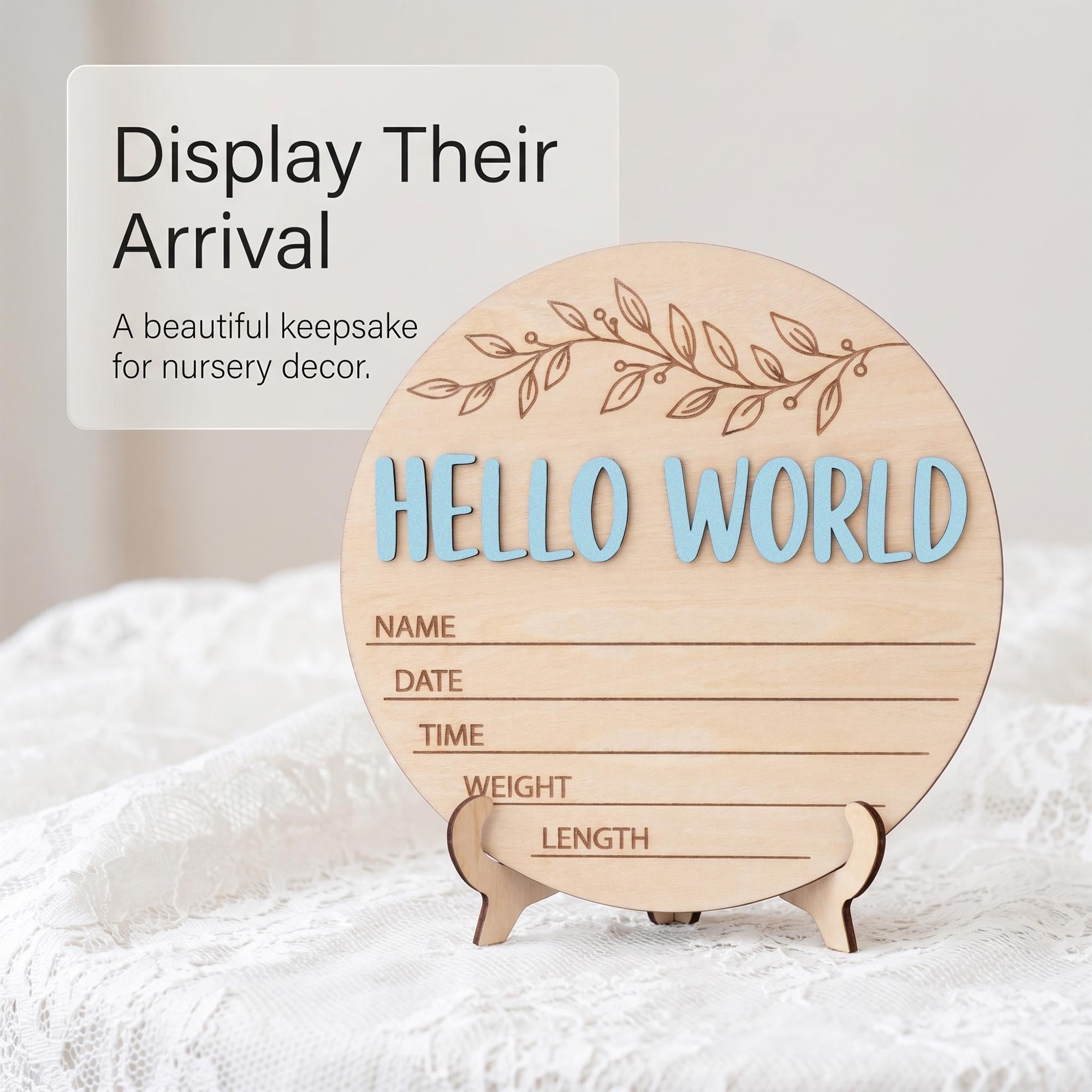Blue Hello World Birth Stats Sign | 3D Botanical Leaf Wooden Plaque | Round Baby Boy Announcement Disc | Nursery Prop | Baby Shower Gift