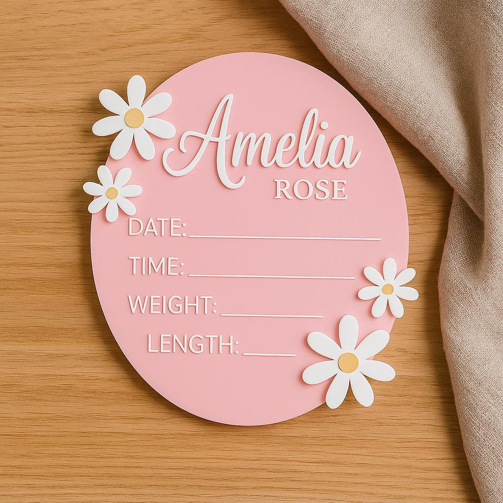 Acrylic Baby Announcement Sign: 3D Daisy, Pastel Pink or Mint