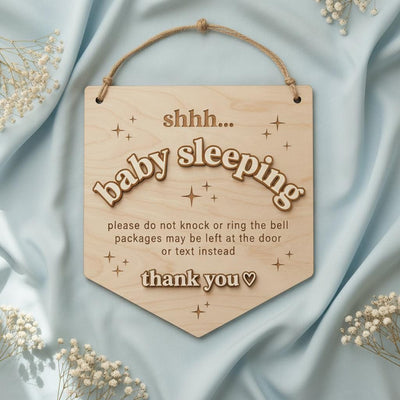 Baby Is Sleeping Delivery Sign | Shield Shape Wooden Door Hanger | 3D Wood Name Do Not Disturb | Front Porch Package Plaque