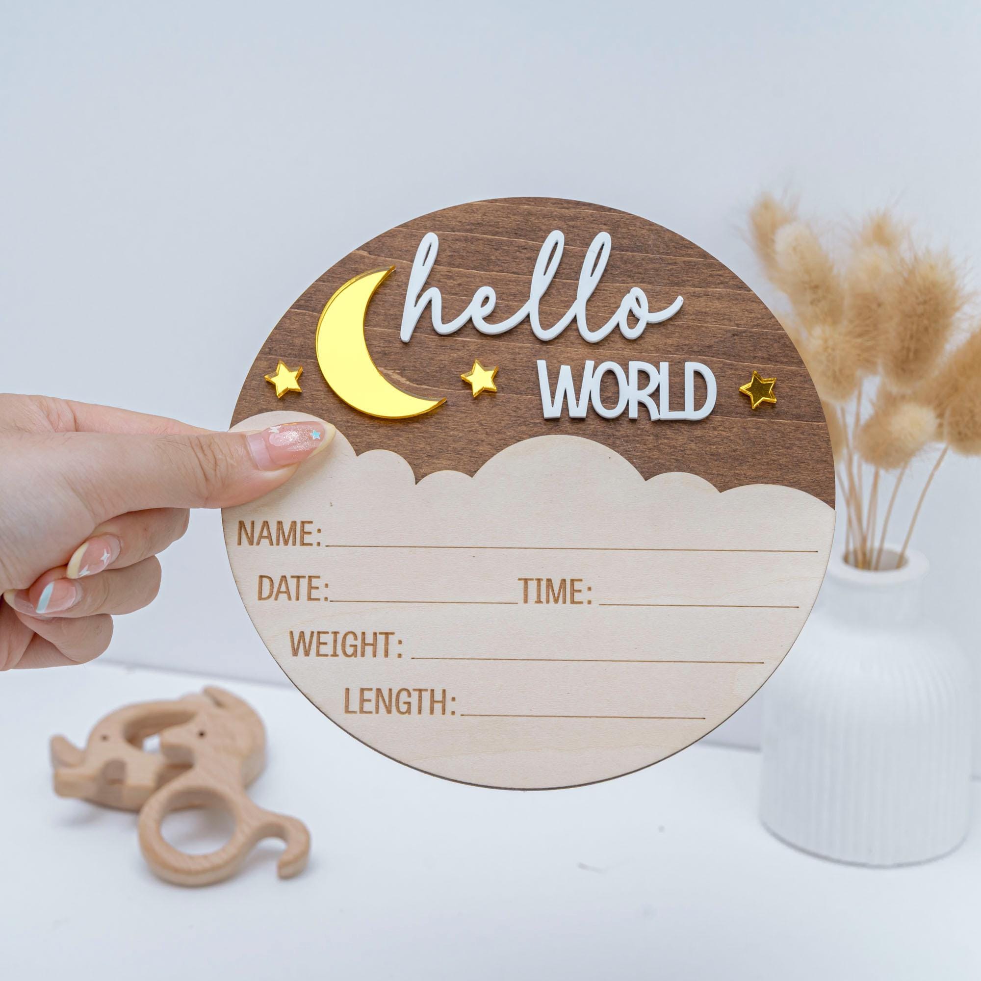 Personalized Hello World Sign, Wooden Birth Announcement Sign, Moon & Stars Baby Name Reveal, Baby Birth Stats Sign, Nursery Space Theme