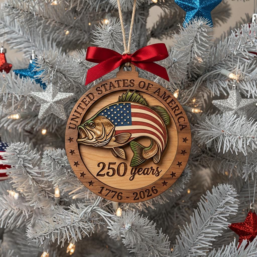 250th Anniversary Bass Fishing Ornament, US Semiquincentennial Gift for Fisherman, 1776-2026 Patriotic Fish Wood Keepsake Decor
