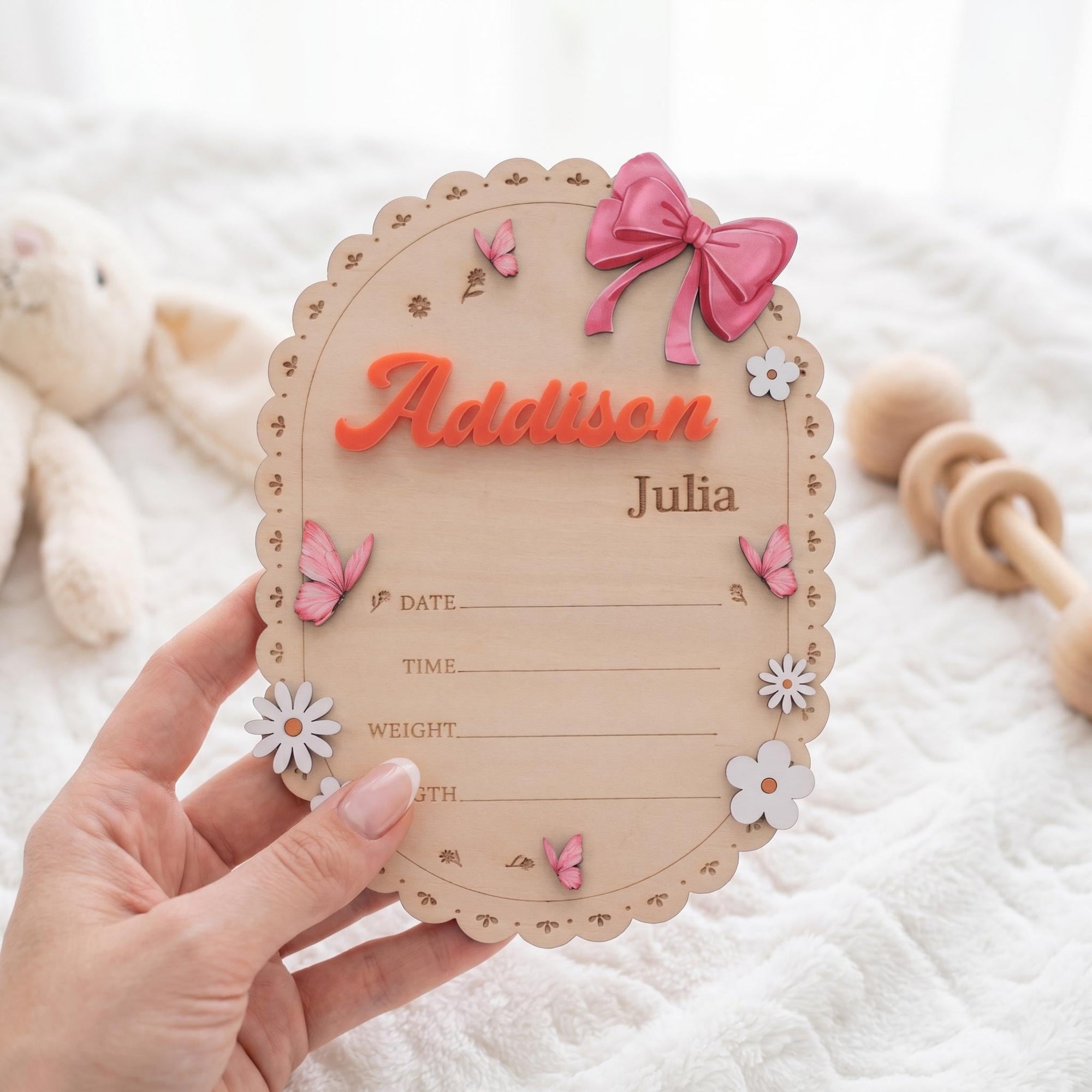 Oval Baby Name Sign for Nursery Scalloped Wood Birth Announcement Sign Custom Wood Plaque for Hospital Girl Bow Personalized Baby Gift