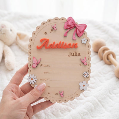 Oval Baby Name Sign for Nursery Scalloped Wood Birth Announcement Sign Custom Wood Plaque for Hospital Girl Bow Personalized Baby Gift