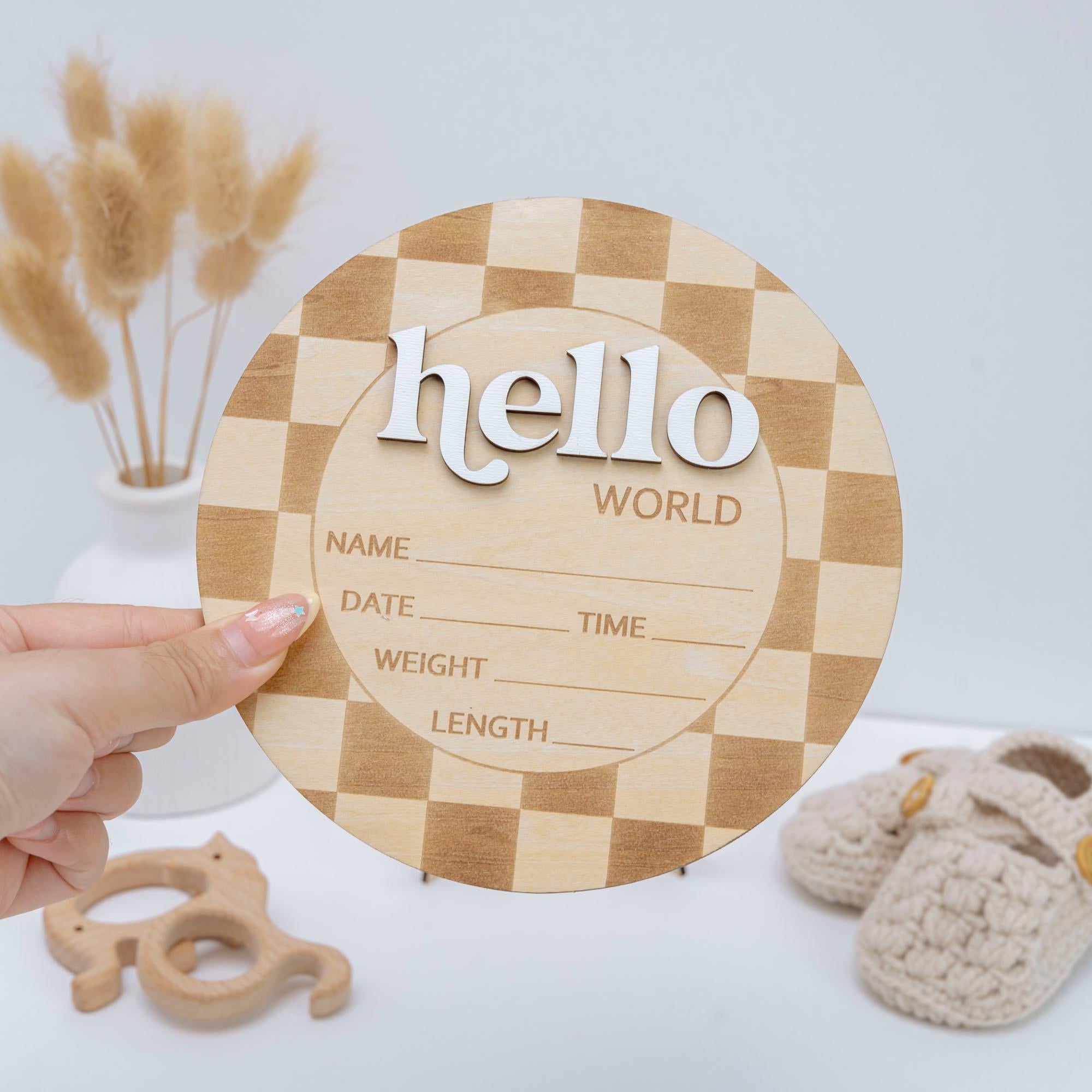 Checkered Hello World Sign, Wooden Baby Announcement, Layered Birth Stat Sign, Birth Stat Plaque, Retro Nursery Decor, Name Announcement