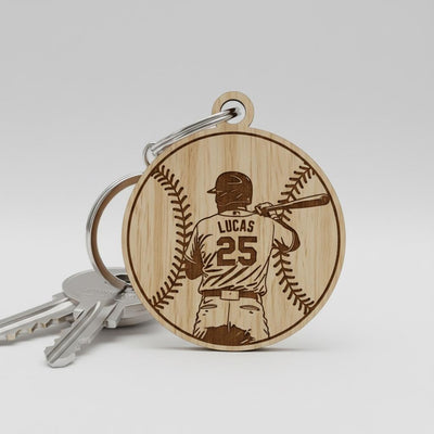 Personalized Wooden Baseball Keychain Custom Player Name and Number, Engraved Baseball Player Keychain, Little League Gift