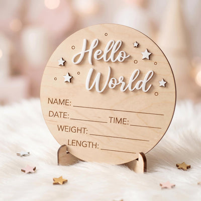 Celestial Stars Birth Stats Sign | 3D Star Wooden Baby Plaque | Acrylic Lettering Hello World Announcement | Neutral Nursery Prop