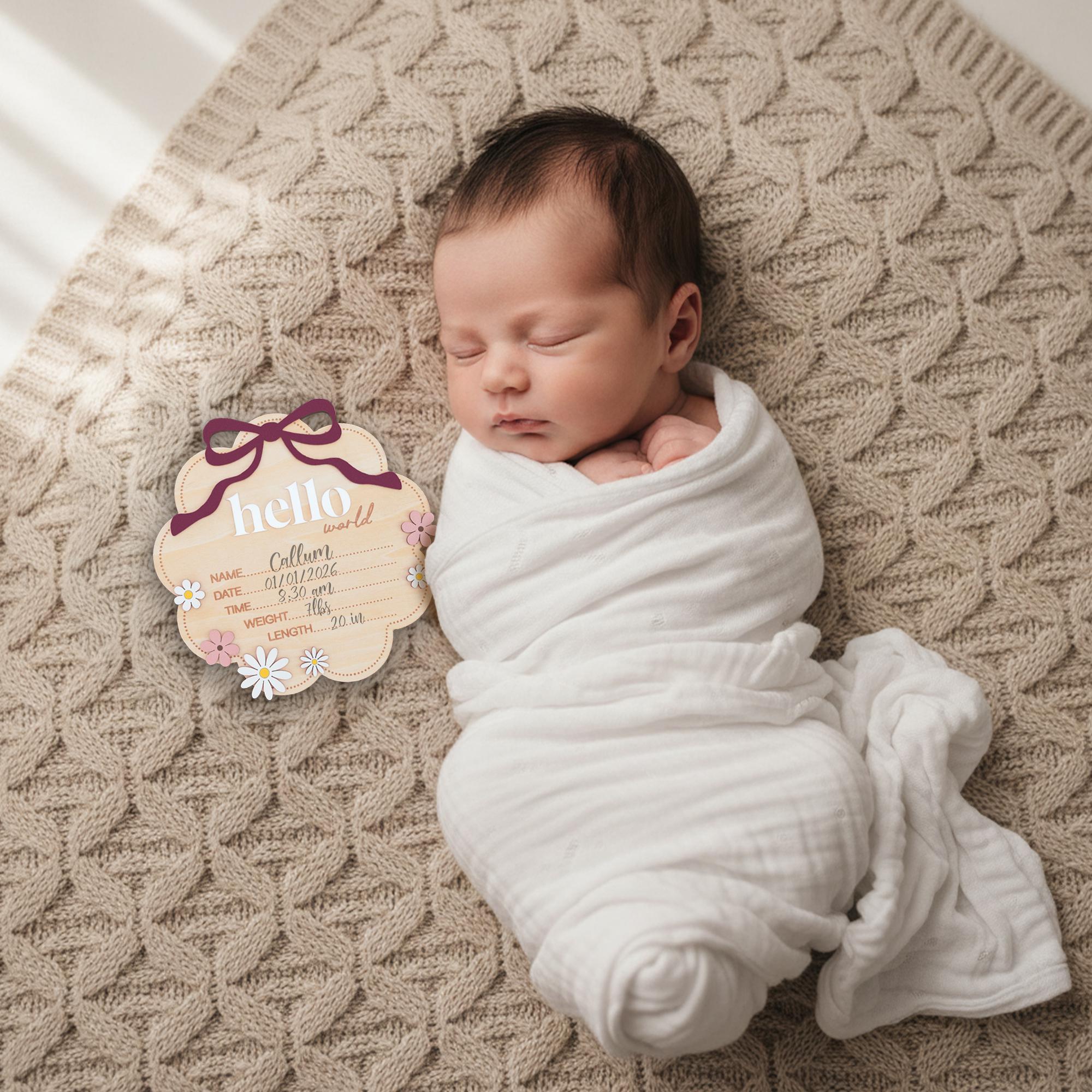 Berry Hello World Wooden Baby Birth Stats Sign Newborn Keepsake