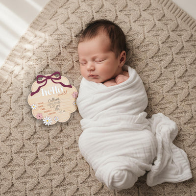 Berry Hello World Wooden Baby Birth Stats Sign Newborn Keepsake