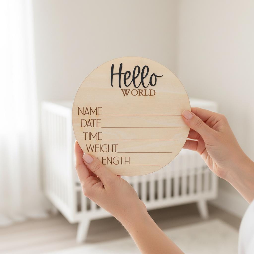 Hello World Baby Announcement Sign Personalized Wooden Keepsake