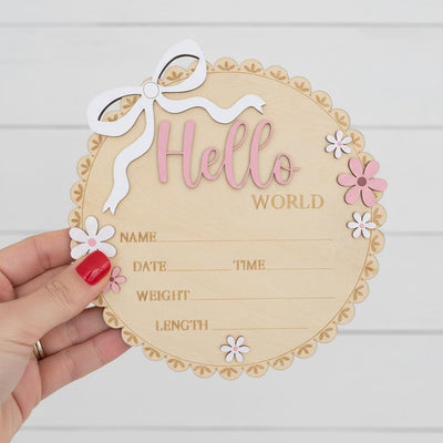 Neutral Baby Girl Hello World Sign Wooden Floral Nursery Keepsake
