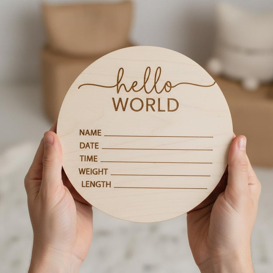 Hello World Baby Birth Announcement Sign, Personalized Wooden Newborn Keepsake