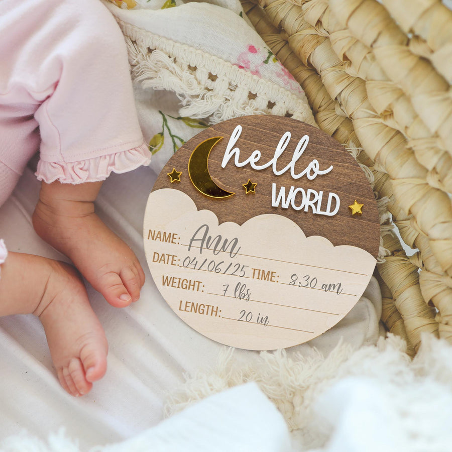 Personalized Hello World Sign, Wooden Birth Announcement Sign, Moon & Stars Baby Name Reveal, Baby Birth Stats Sign, Nursery Space Theme