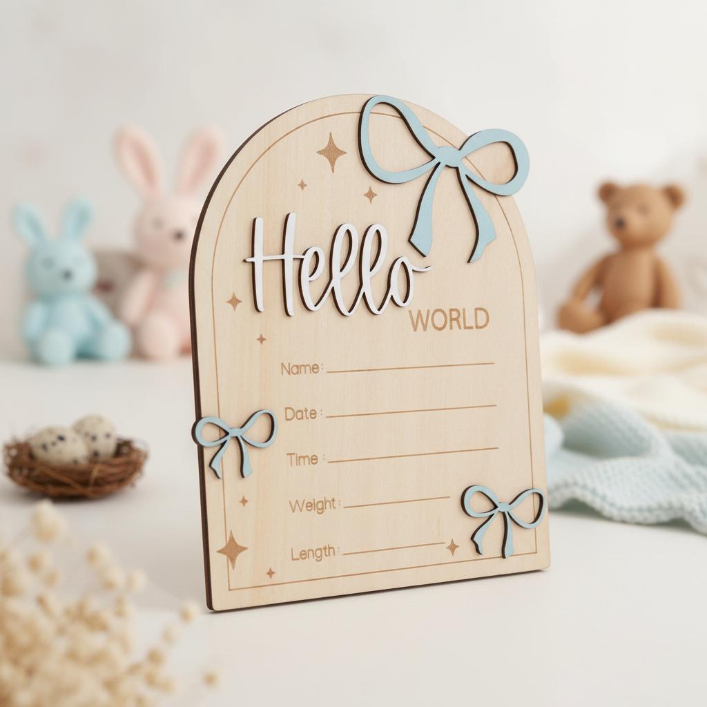 Hello World Wooden Birth Announcement Sign for Newborn Baby Photos