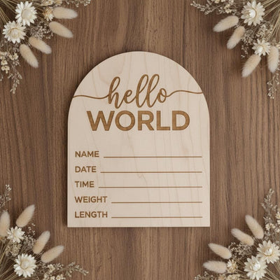 Hello World Wooden Baby Birth Announcement Sign, Newborn Photo Keepsake
