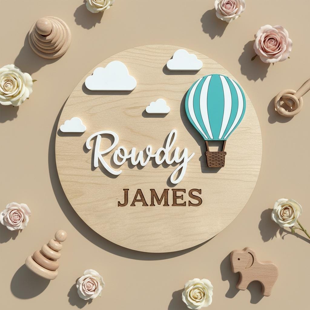 Personalized Hot Air Balloon Baby Name Sign Wooden Nursery Decor