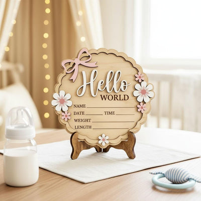 Coquette Pink Bow Birth Sign | 3D Daisy Scalloped Plaque | Acrylic Hello World Announcement | Shabby Chic Girl Nursery Prop