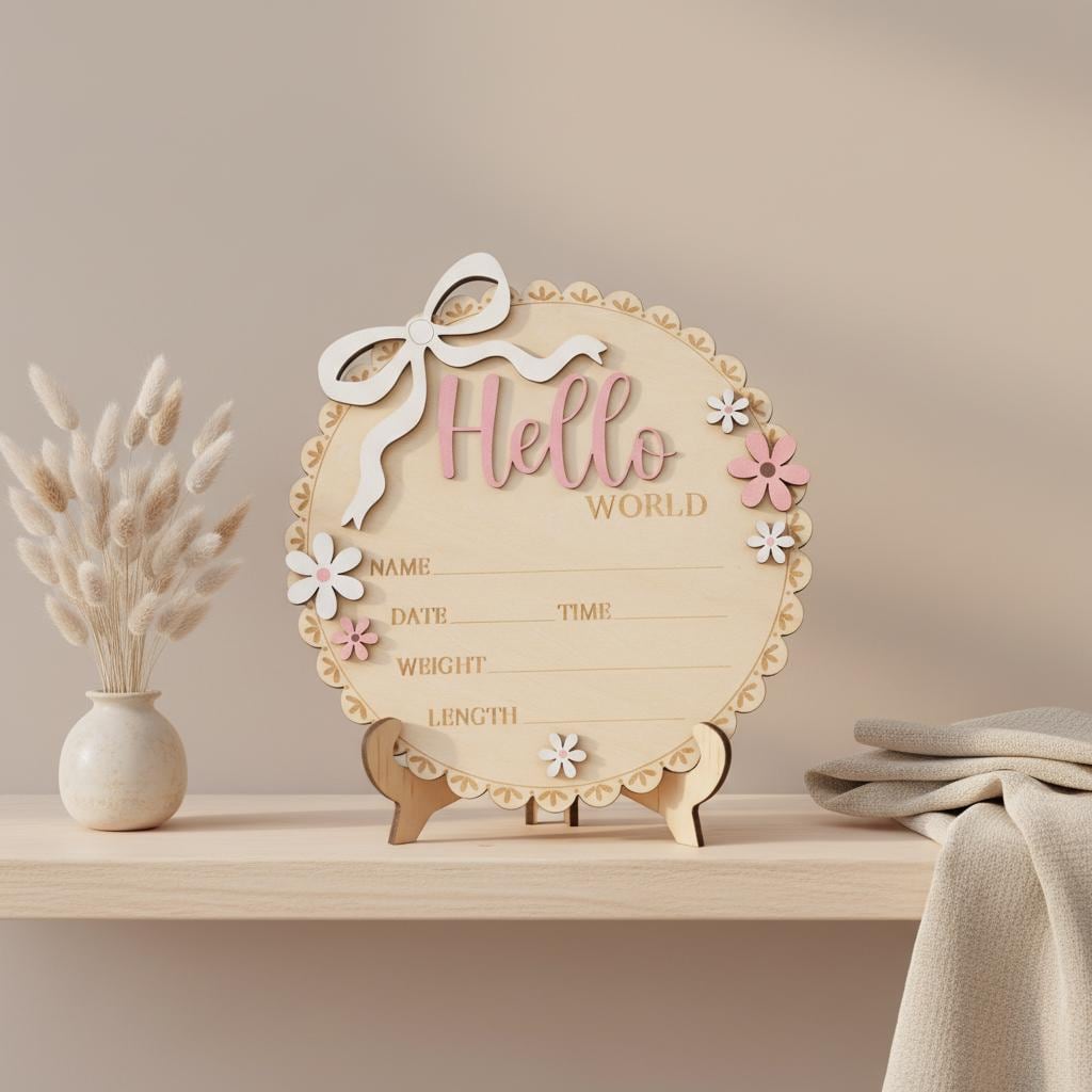 Neutral Baby Girl Hello World Sign Wooden Floral Nursery Keepsake