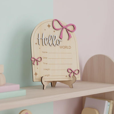 Hello World Wooden Baby Announcement Sign with Birth Details