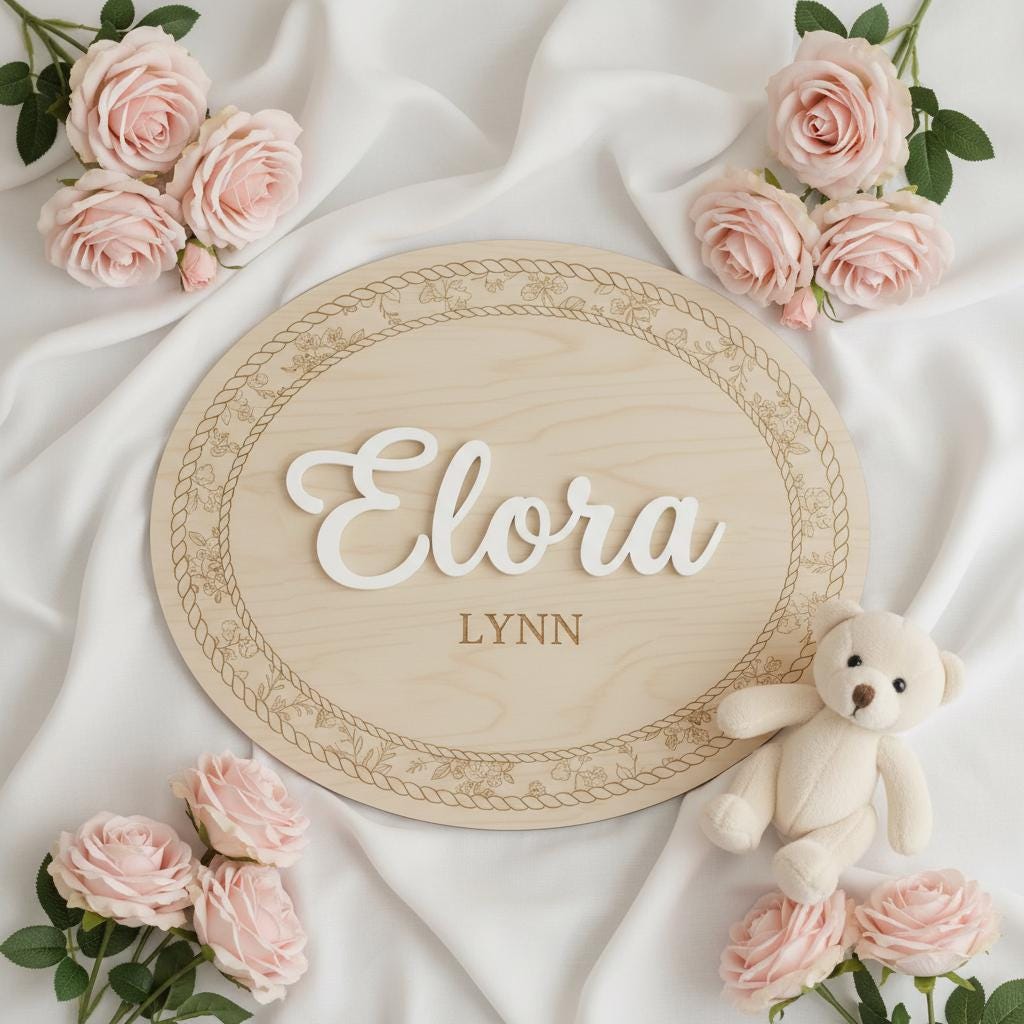 Personalized Wooden Baby Name Sign, Oval Nursery Name Announcement Plaque