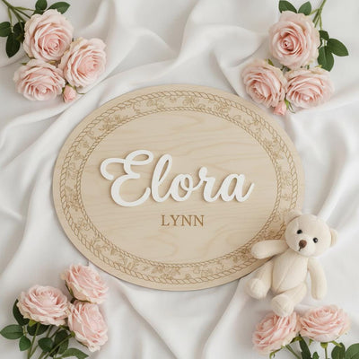 Personalized Wooden Baby Name Sign, Oval Nursery Name Announcement Plaque